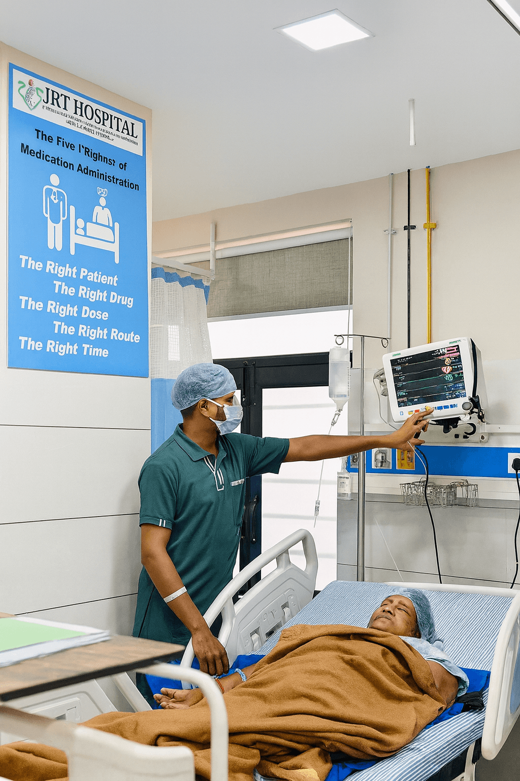 Intensive care unit with monitors and ventilators